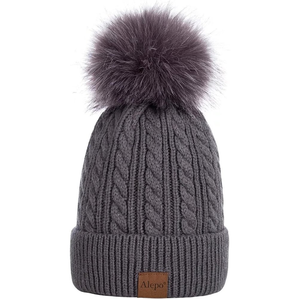 Womens Winter Warm Fleece Lined Knitted Soft Ski Cuff Beanie Hat with Pom Pom